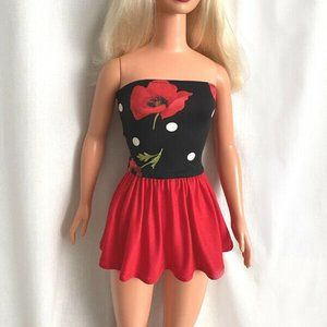 Red Mini Skirt, top with poppies & polka dots, for My Size Barbie Doll. OOAK New